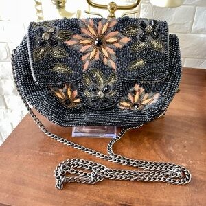 Mary Frances Ornately Beaded + Embroidered Floral Stoned Purse + Chain Strap